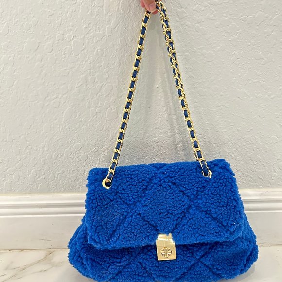 NWT JustFab - Blue/Gold Quilted Sherpa Bag - Picture 3 of 6
